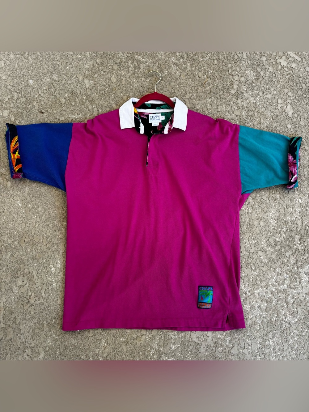 Chaps Ralph Lauren Rugby Polo Shirt Men's Sz Large Tropical Trim Multicolor 90s